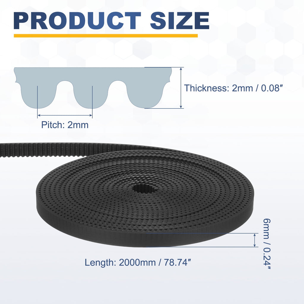 Uxcell Polyurethane PU Steel Cord 2GT Timing Belt 6x2000mm2mm Pitch 2mm Thick Black Open Loop Pulley Timing Belt for 3D Printer