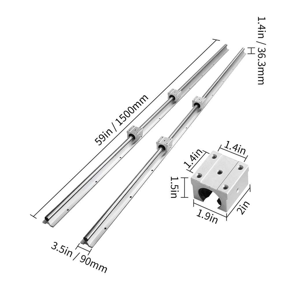 KFFKFF Linear Movement Kit, SBR20 1500mm, Includes Two SBR20 Rails of 59 in/1500 mm & Four SBR20UU Blocks, Perfect for Custom CNC and Automated Projects