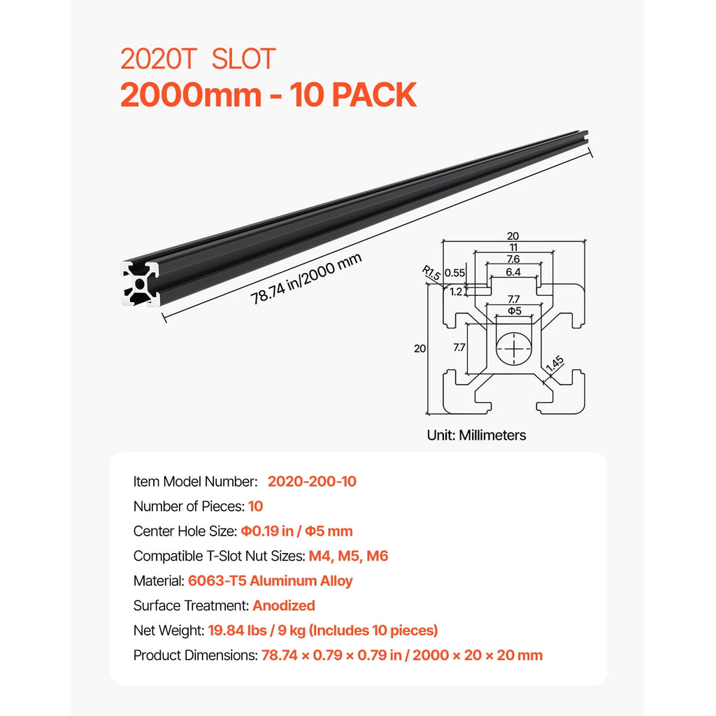KFFKFF 10PCS 78.7in (2000mm) T Slot 2020 Aluminum Extrusion Profile, European Standard Anodized Linear Rail, Durable Aluminum Rail for 3D Printer, CNC Machine Projects, Laser Engraving, Black
