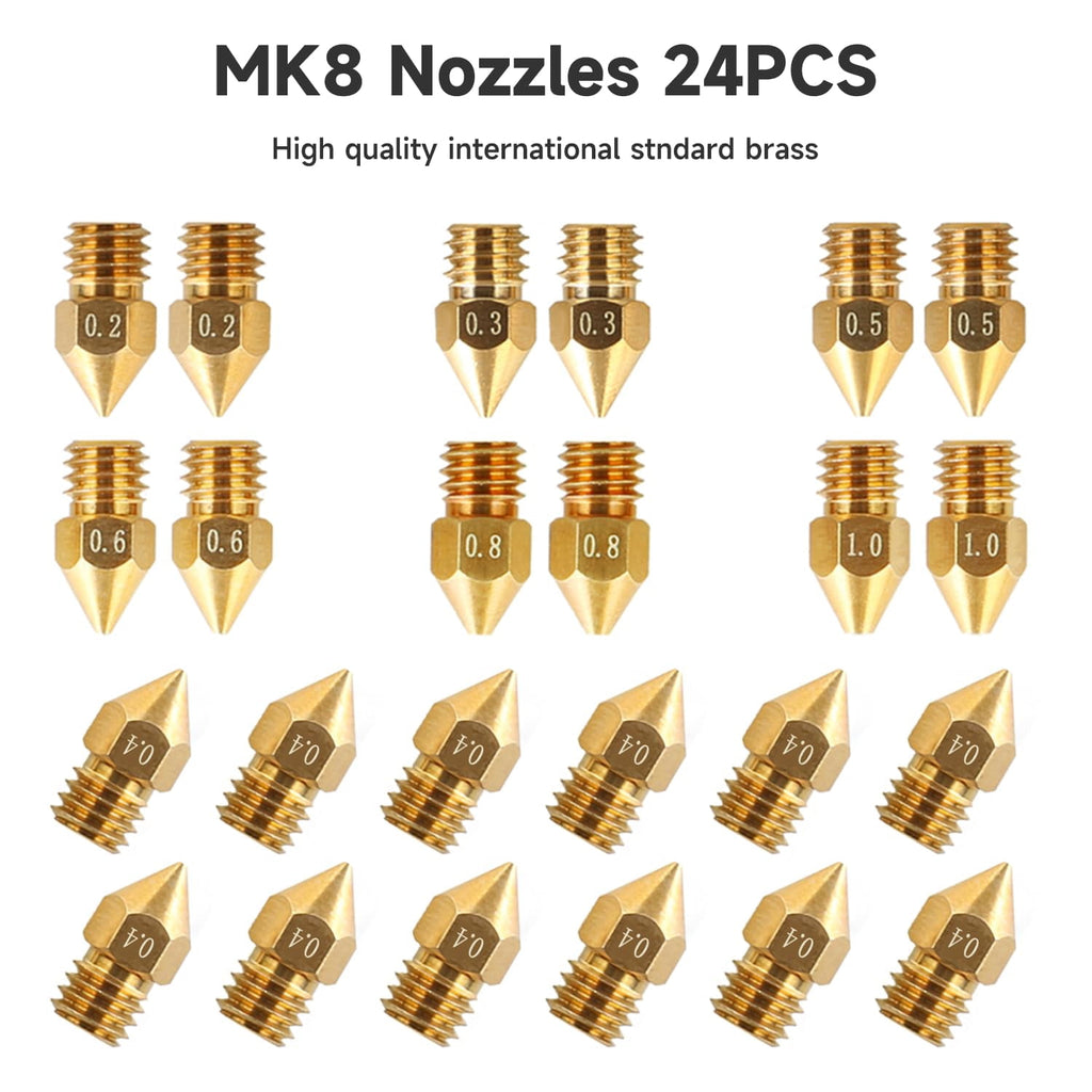 Creality Official MK8 Nozzles 24 Pcs 3D Printer Brass Nozzles Kit with Wear Resistance for Ender-3/Ender-5/CR-10 Series 3D Printers High Hardness 0.2/0.3/0.4/0.5/0.6/0.8/1.0mm Nozzles Kit