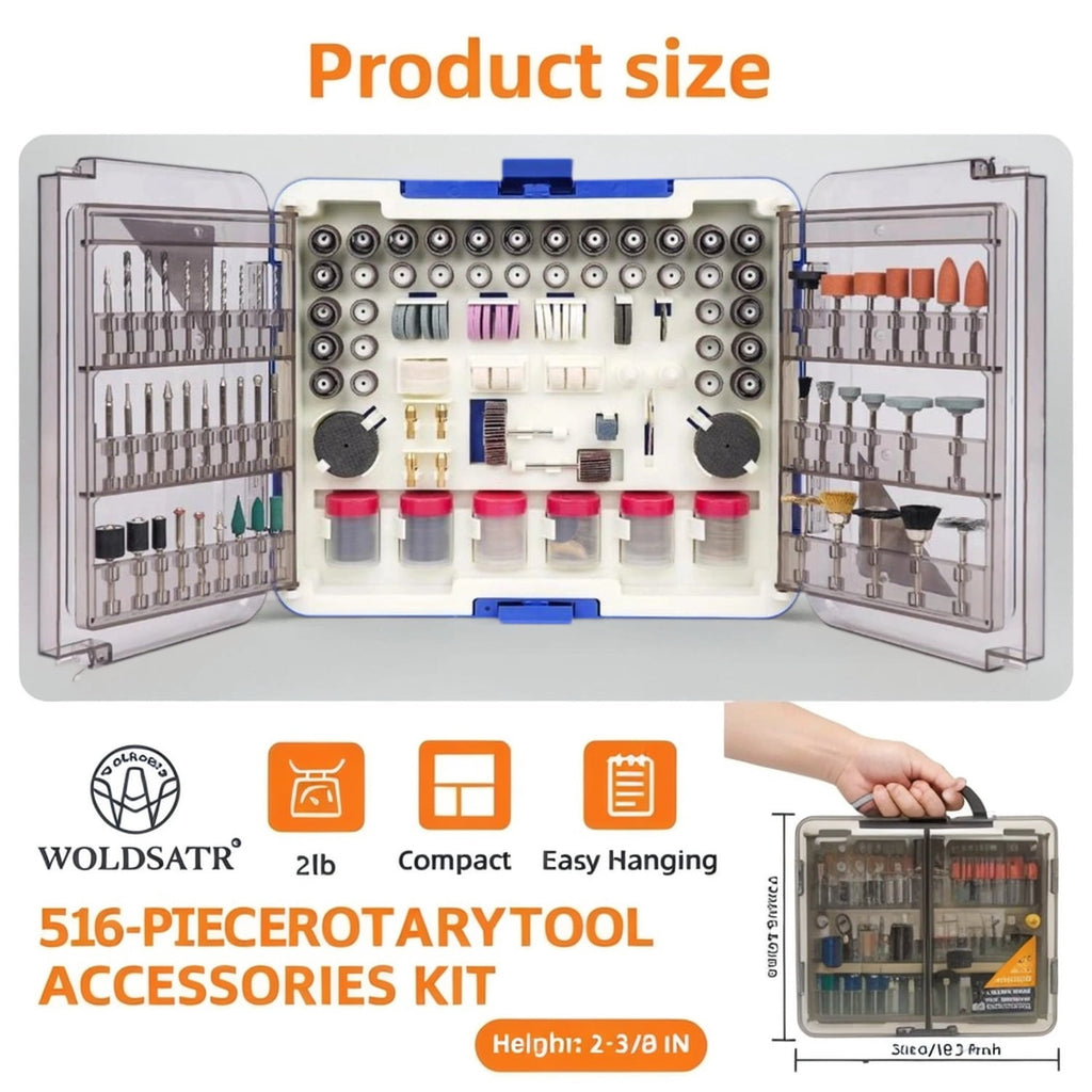 Woldsatr 516PCS Rotary Tool Kit, 1/8-in Shank, Sanding, Grinding, Carving, Polishing, Drilling, Storage Case