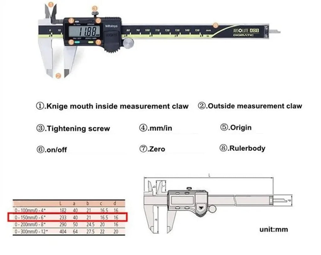 Mitutoyo 500-196-30 Advanced Onsite Sensor AOS Absolute Scale Digital Caliper 500 Series, 0" to 6"/0 to 150mm Measuring Range, 0.0005"/0.01mm Resolution, AOS