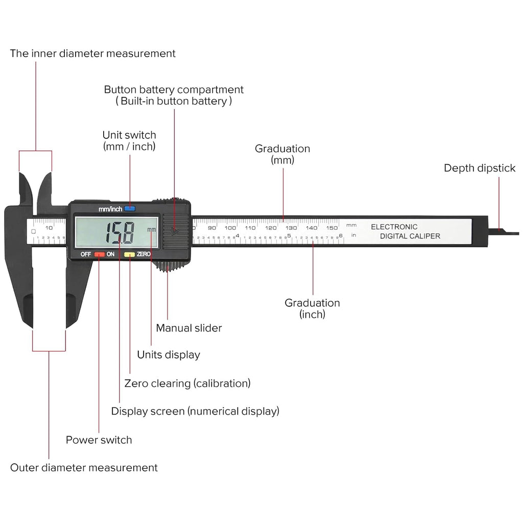 KASIU Electronic Digital Caliper,Plastic Vernier Caliper,Caliper Measuring Tool with "/Millimeter Conversion,Extra Large Lcd Screen,0-6 "/0-150 Mm,Auto Off Featured Micrometer Ruler