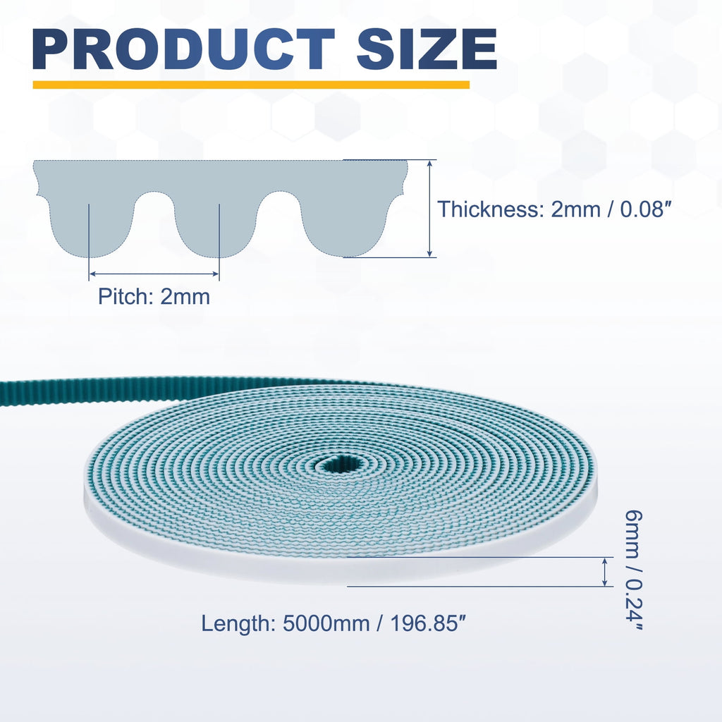 Uxcell PU Steel Cord 2GT Timing Belt Green Cloth Teeth 6x5000mm 2mm Pitch 2mm Thick White Open Loop Pulley Timing Belt for 3D Printer