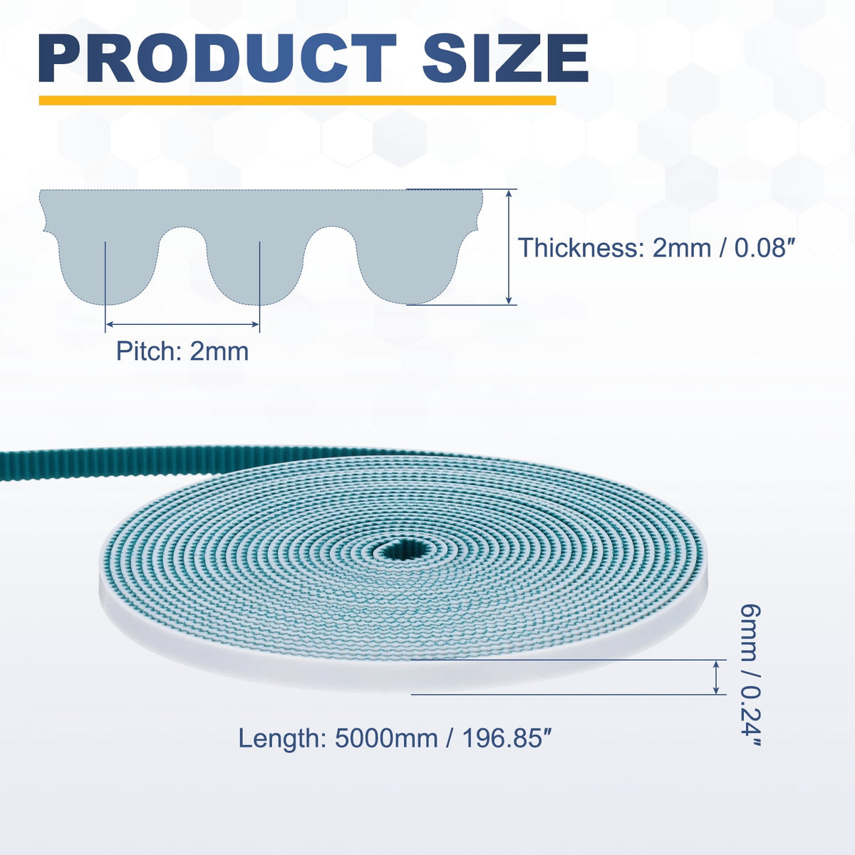 Uxcell PU Steel Cord 2GT Timing Belt Green Cloth Teeth 6x5000mm 2mm Pitch 2mm Thick White Open Loop Pulley Timing Belt for 3D Printer