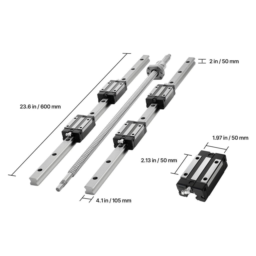 KFFKFF Linear Rail Guide Kit, HGR20, Includes 2PCS 600 mm (23.62 inch) Rails, 1PCS Ball Screw, 4PCS Slide Blocks, BF12/BK12 End Support, Coupling, and Nut Housing, Suitable for DIY CNC Machines