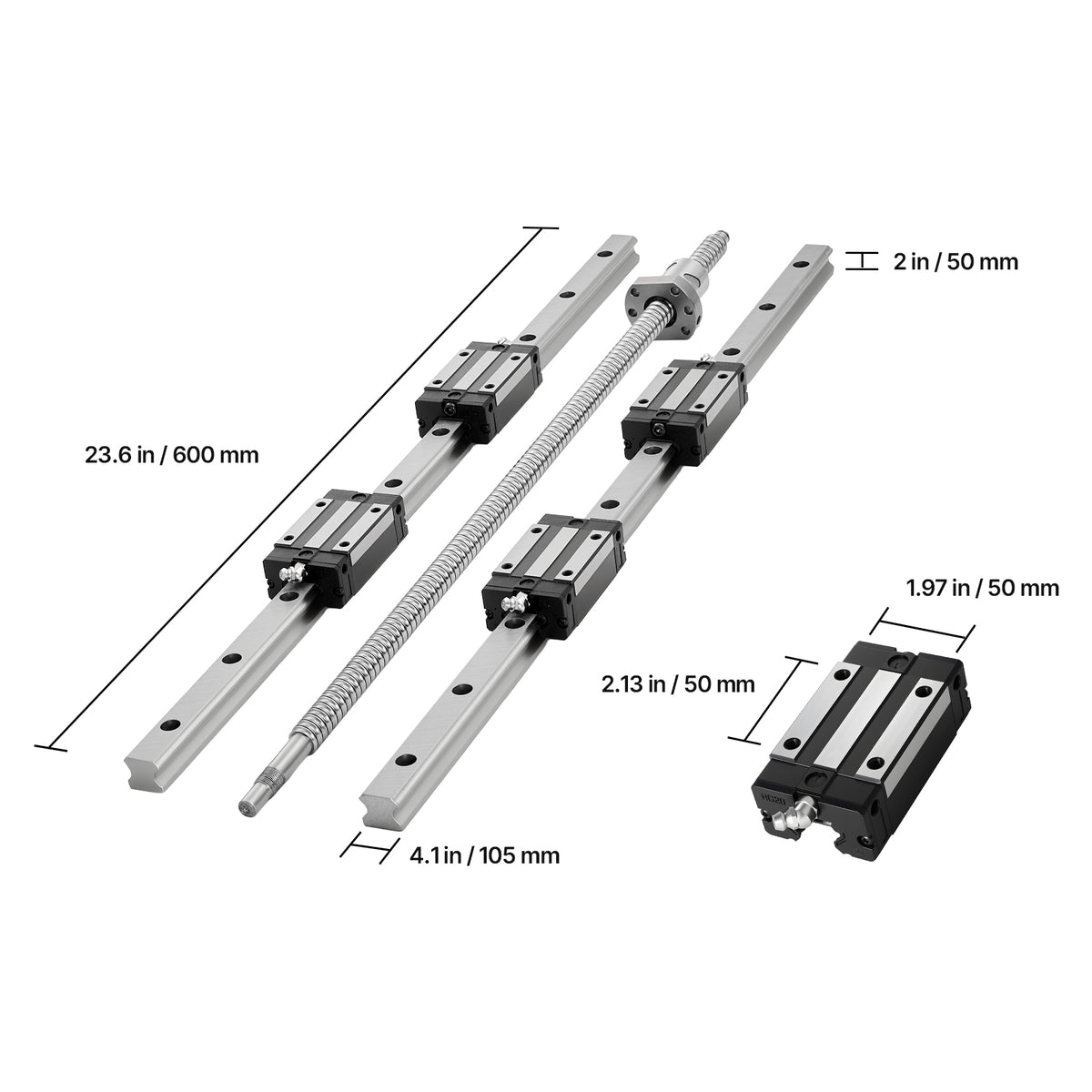 KFFKFF Linear Rail Guide Kit, HGR20, Includes 2PCS 600 mm (23.62 inch) Rails, 1PCS Ball Screw, 4PCS Slide Blocks, BF12/BK12 End Support, Coupling, and Nut Housing, Suitable for DIY CNC Machines