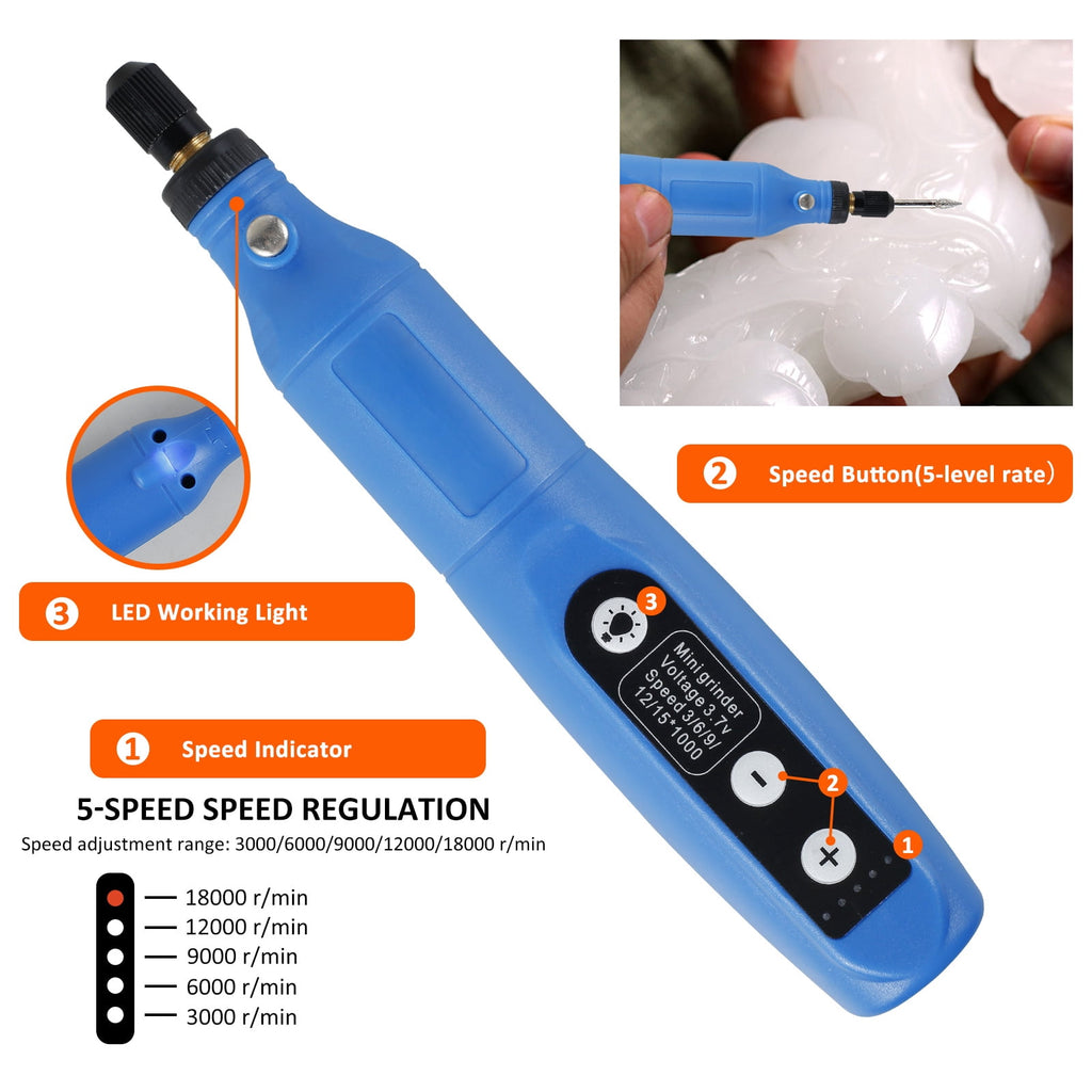 BUTORY Cordless Rotary Tool Adjustable Speed Mini Electric Grinder Rechargeable Handheld Engraving Pen with 5 Speed and LED Light for Sanding Polishing Drilling Carving