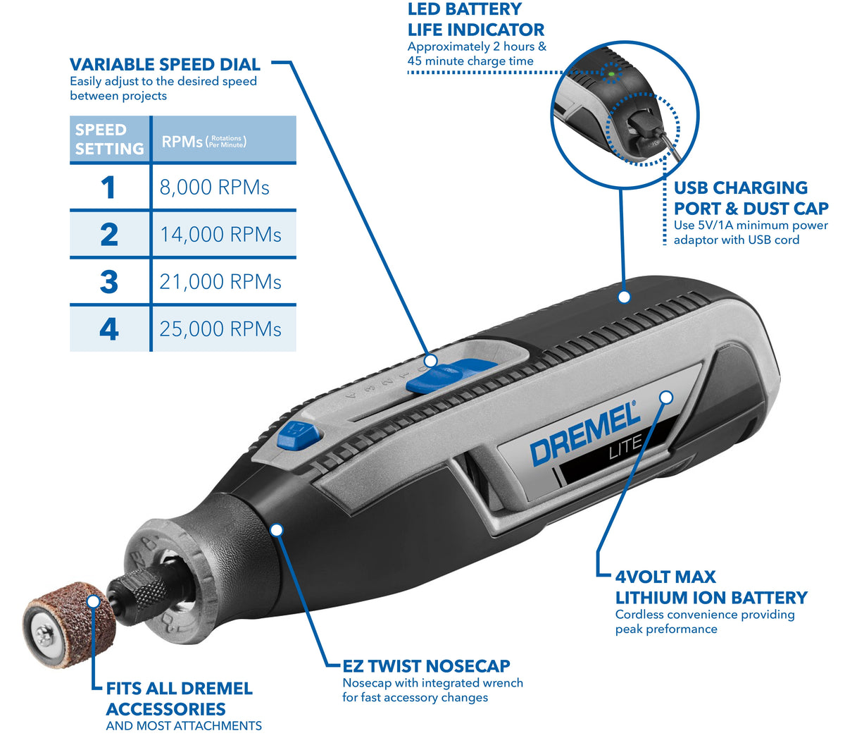 Dremel Lite 7760-N/10W 4V-Cordless Variable Speed Rotary Tool with Integrated 2Ah Li-Ion Battery, & 10 Rotary Tool Accessories