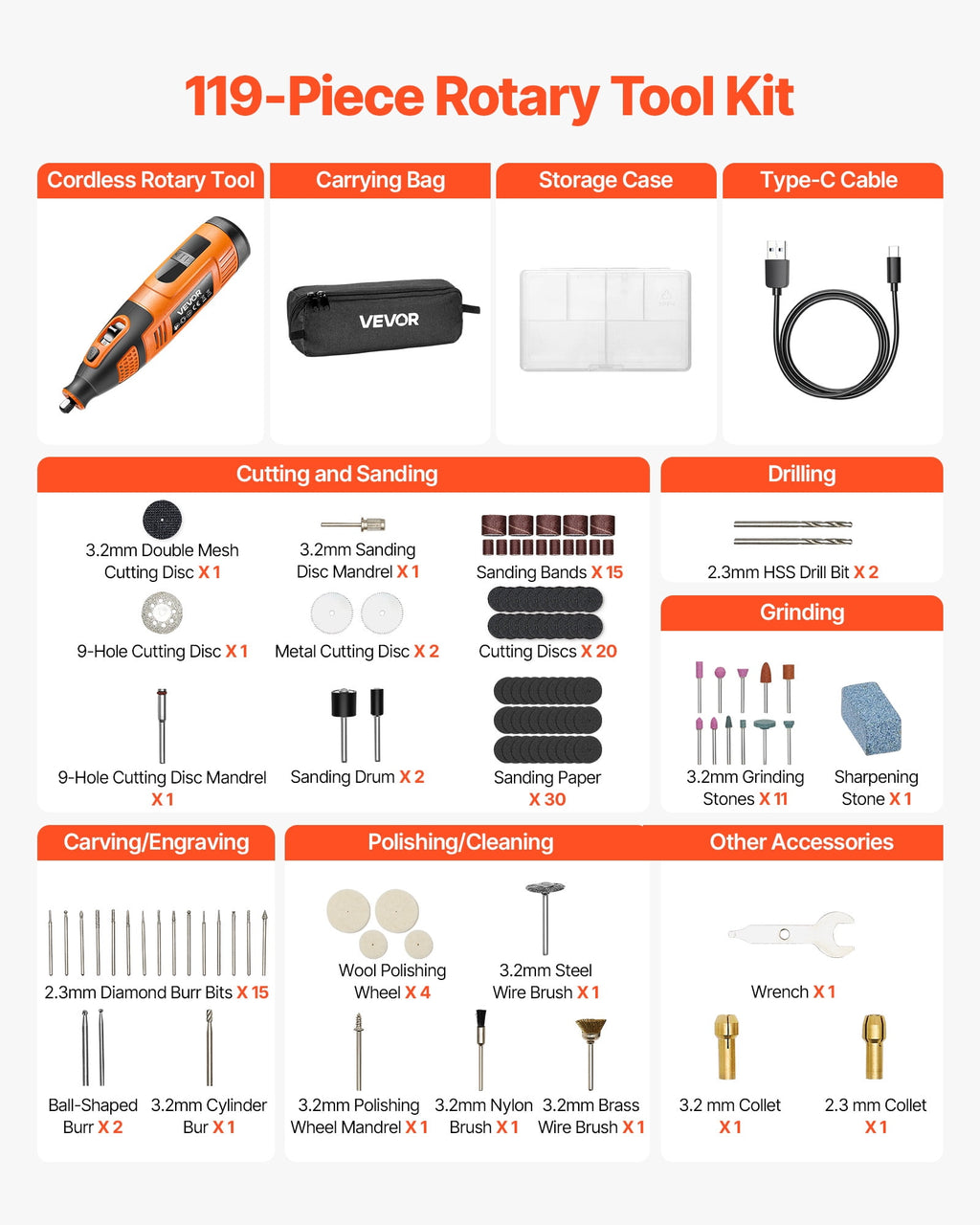VEVOR 73-Piece Cordless Rotary Tool Kit, DC4V Portable Mini Power Rotary Tool, 5-Level Speed 7000-20000 RPM Multi-Purpose DIY Tools for Engraving, Sanding, Polishing, Carving, Cutting, DIY Crafts