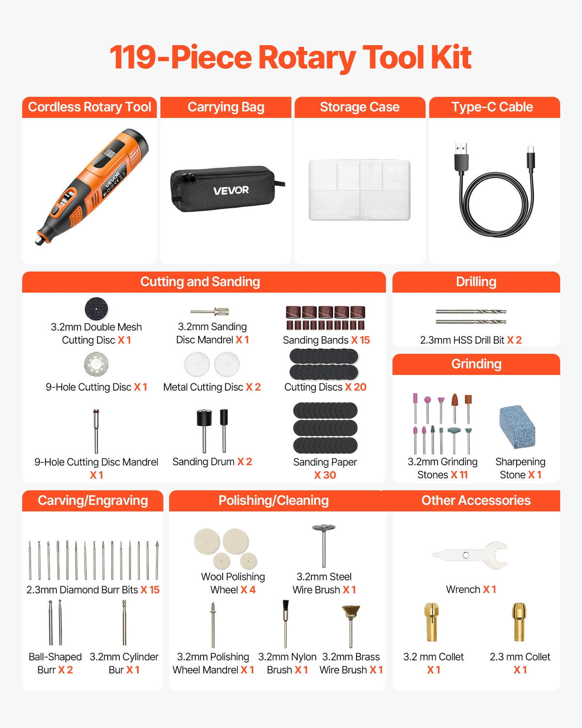 VEVOR 73-Piece Cordless Rotary Tool Kit, DC4V Portable Mini Power Rotary Tool, 5-Level Speed 7000-20000 RPM Multi-Purpose DIY Tools for Engraving, Sanding, Polishing, Carving, Cutting, DIY Crafts