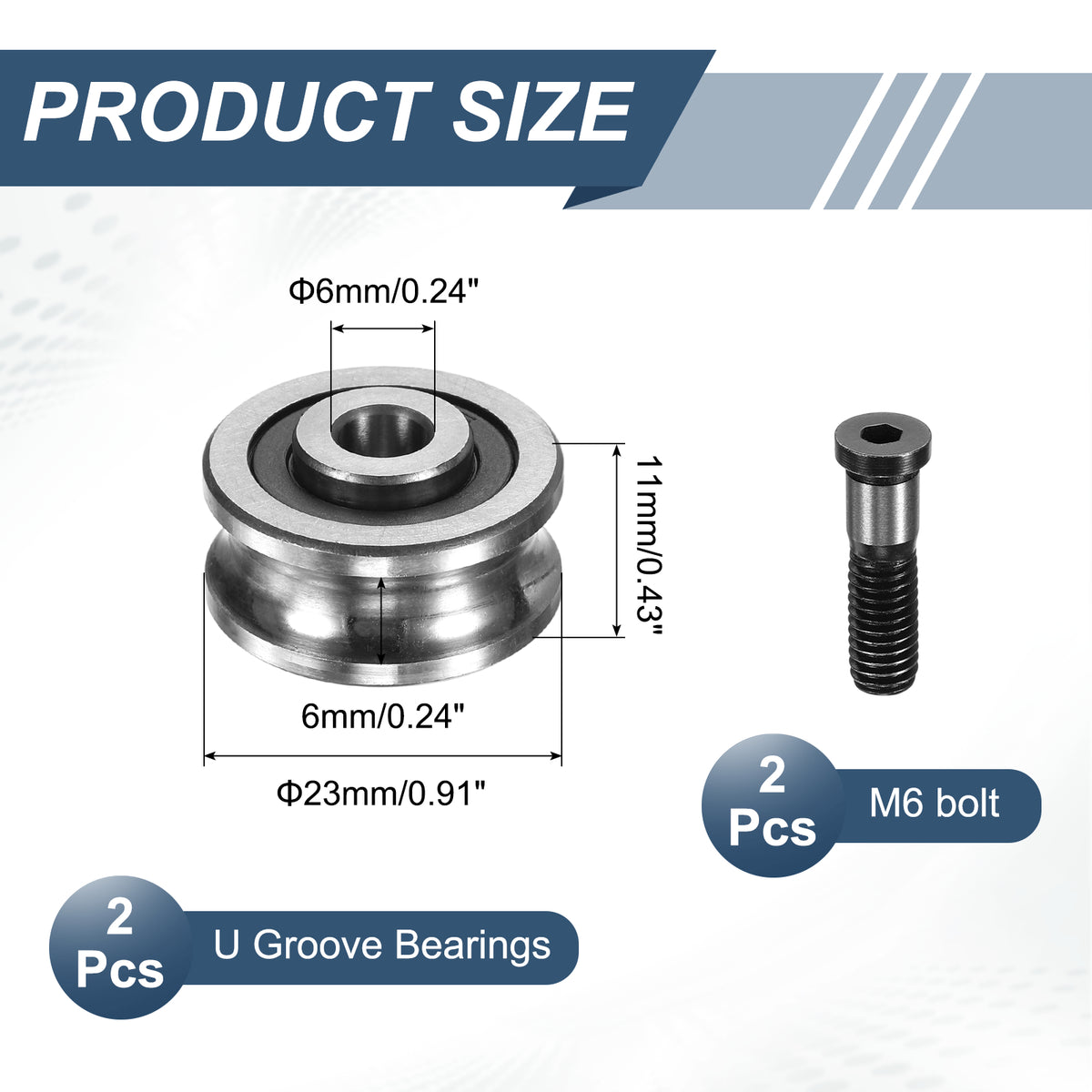 Uxcell 2 Pcs U Groove Bearings, 6x23x11mm Rail Ball Bearings Groove Guide Pulley Bearing Steel Replacement for Rail Track Linear Motion System Printing Project ABEC1
