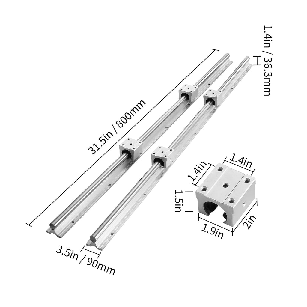 KFFKFF Linear Rail Kit, SBR20 800mm, Includes 2 PCS 31.5 in SBR20 Rails & 4 PCS SBR20UU Blocks, Suitable for CNC Machines, Automation Systems, and DIY Projects