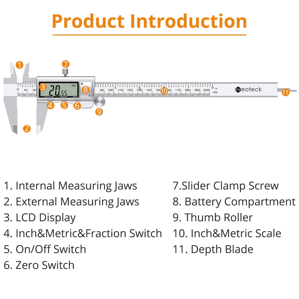Neoteck 8" Electronic Digital Vernier Caliper LCD Stainless Steel + Feeler Gauge LCD Display