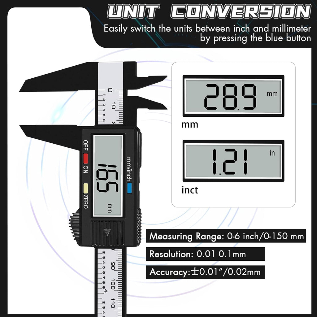 Digital Calipers 0-6 inch/150mm Electronic Vernier Caliper with LCD Screen, Inch/Metric Conversion, Auto Off - Plastic Insulated Jaws for Safe DIY, Jewelry, Craft & Home Measurement