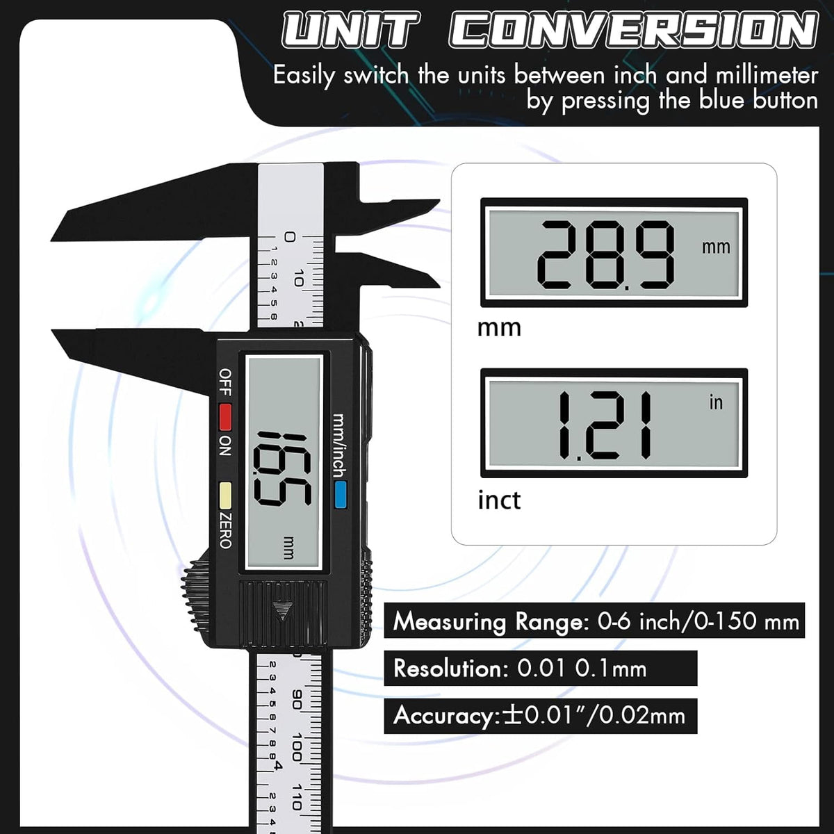 Digital Calipers 0-6 inch/150mm Electronic Vernier Caliper with LCD Screen, Inch/Metric Conversion, Auto Off - Plastic Insulated Jaws for Safe DIY, Jewelry, Craft & Home Measurement