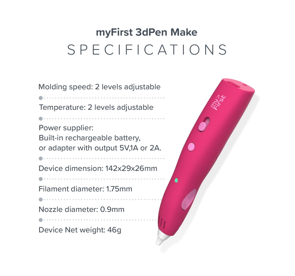 myFirst 3D Pen Make (Red) Starter Kit-Wireless, Rechargeable, 6 PCL Filaments (Ages 5-15)