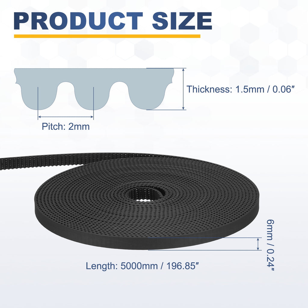 Uxcell Polyurethane PU Steel Cord 2GT Timing Belt 6x5000mm2mm Pitch 1.5mm Thick Black Open Loop Pulley Timing Belt for 3D Printer