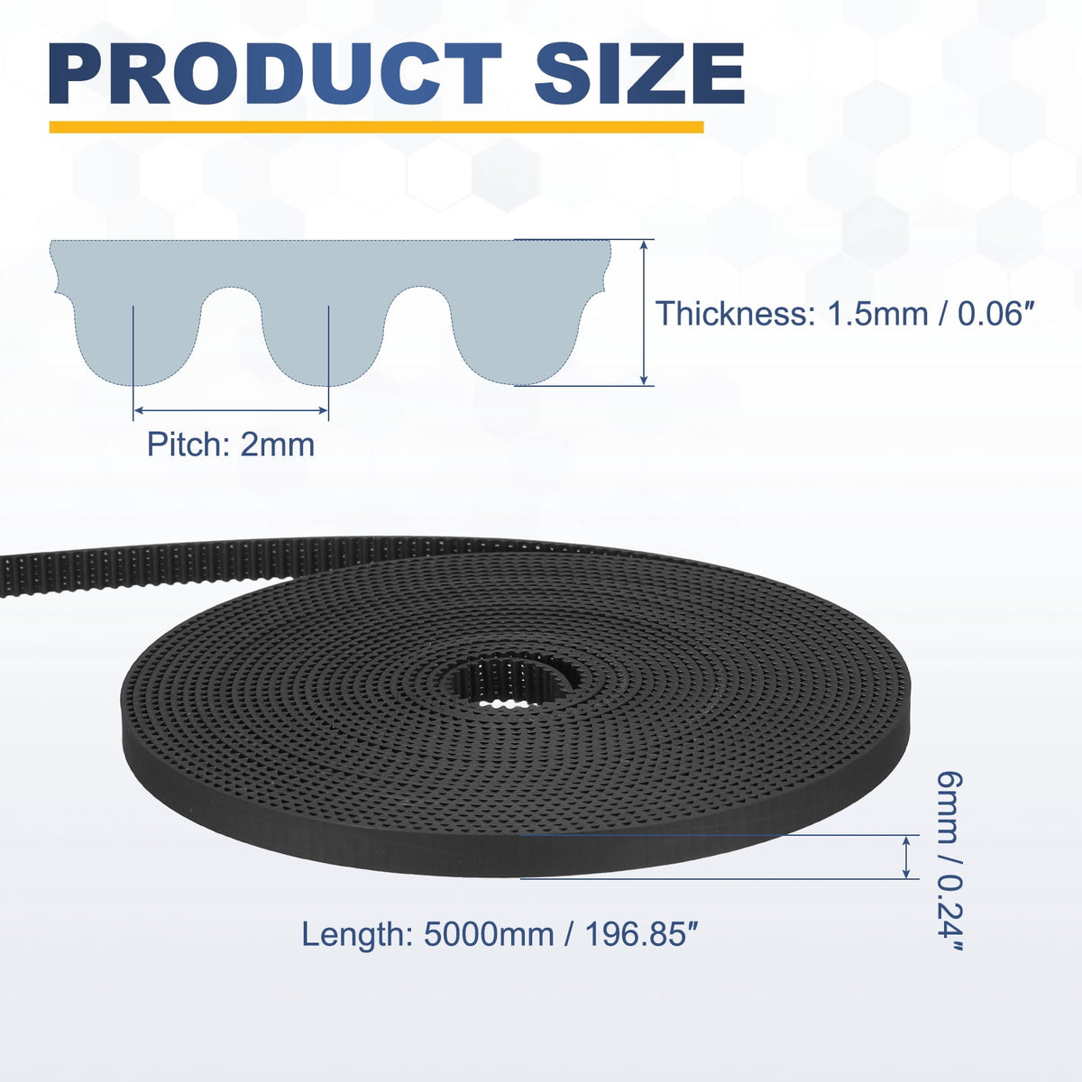 Uxcell Polyurethane PU Steel Cord 2GT Timing Belt 6x5000mm2mm Pitch 1.5mm Thick Black Open Loop Pulley Timing Belt for 3D Printer