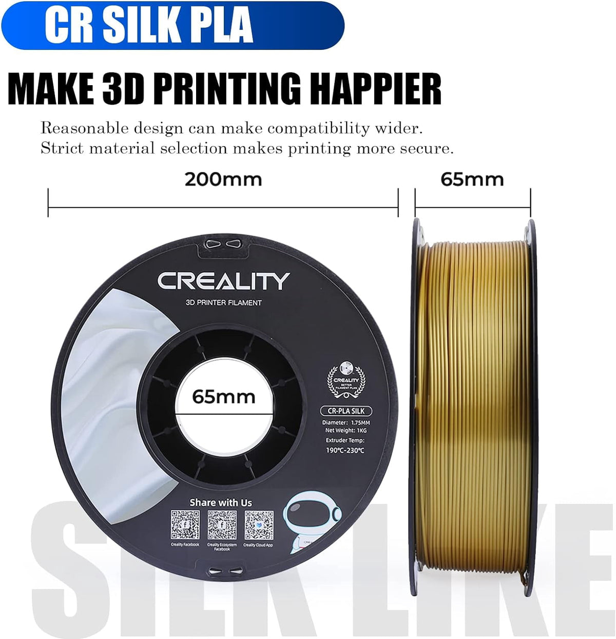 Creality 3D Printing Silk PLA Filament 3D Printer Gold Silver Shiny Filaments 1.75mm Neatly Wound Dimensional Accuracy +/- 0.03 mm Silk Smooth Printing 2.2lbs for Most 3D Printers