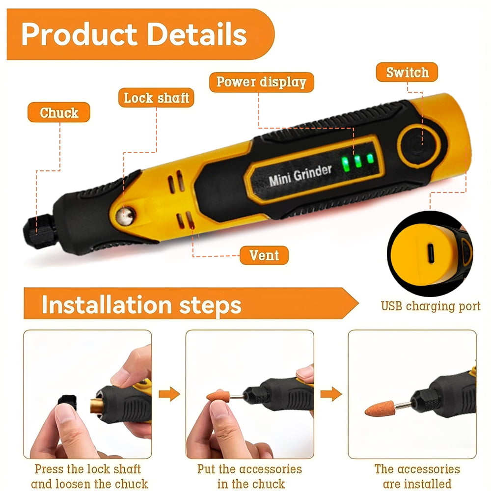 INTELIVE 57pcs Cordless Rotary Tool, Polishing Grinder Tool Kit, 3-Speed Electric Grinder Set, Multi-Purpose Rotary Tool for Sanding Polishing Drilling Etching Engraving Cutting Jewelry DIY
