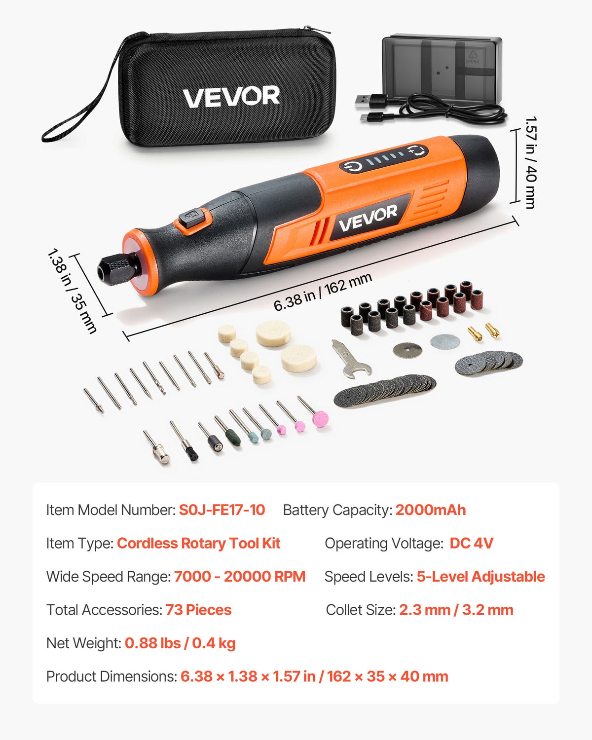 VEVOR 73-Piece Cordless Rotary Tool Kit, DC4V Portable Mini Power Rotary Tool, 5-Level Speed 7000-20000 RPM Multi-Purpose DIY Tools for Engraving, Sanding, Polishing, Carving, Cutting, DIY Crafts
