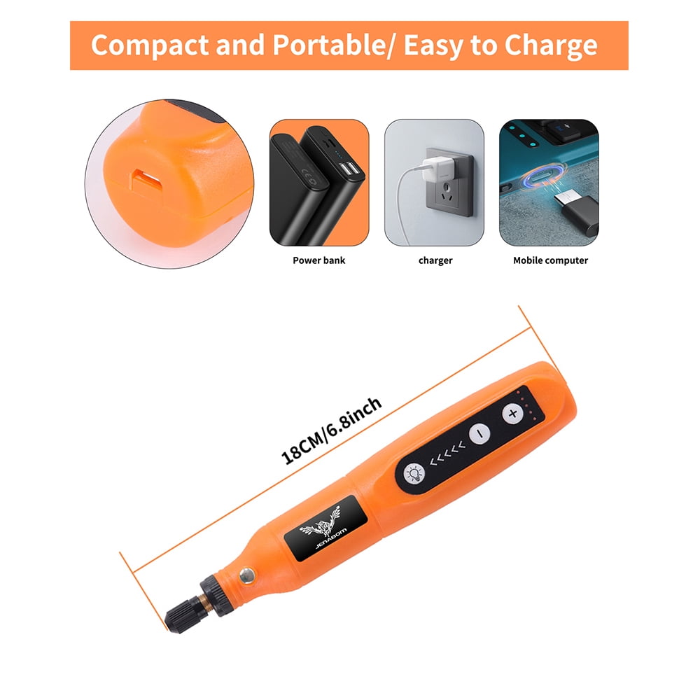 JENABOM 58 in 1 Mini Cordless Rotary Tool, 3.7V Electric Rotating Tool , LED Lights, 5-Speed and USB Charging, Used for Polishing, Carving, and DIY （Orange）