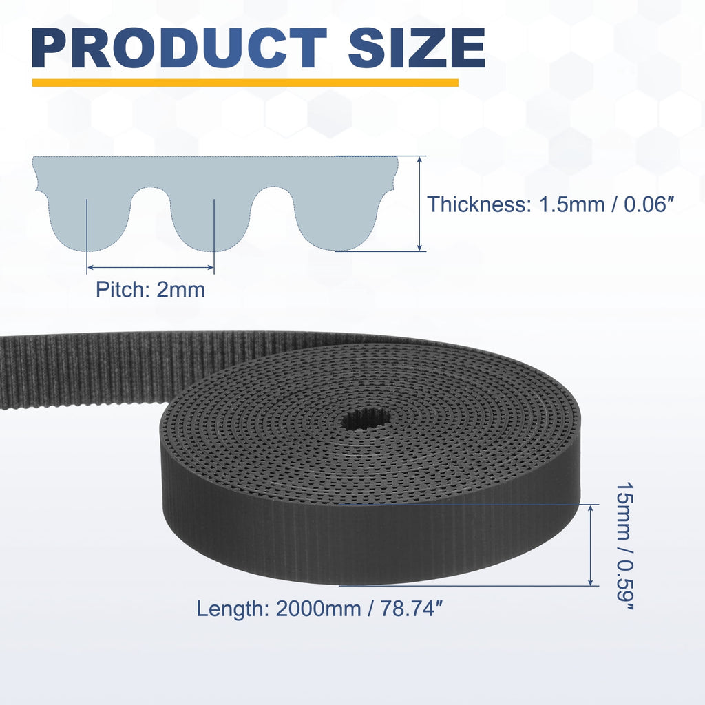 Uxcell Dustproof Rubber 2GT Timing Belt 15x2000mm 2mm Pitch 1.5mm Thick Black Open Loop Pulley Timing Belt for 3D Printer