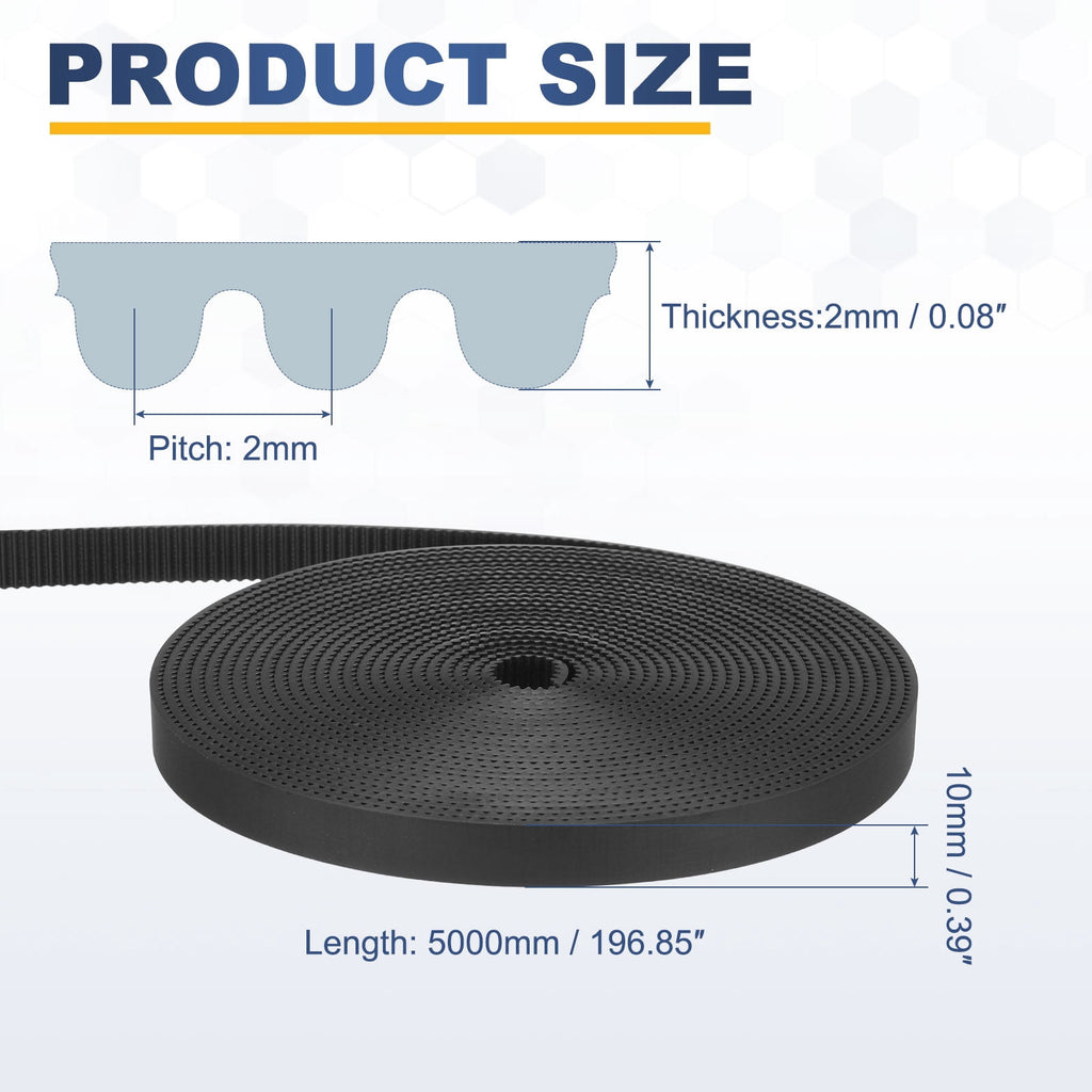 Uxcell Polyurethane PU Fiber Cord 2GT Timing Belt 10x5000mm 2mm Pitch 2mm Thick Black Open Loop Pulley Timing Belt for 3D Printer