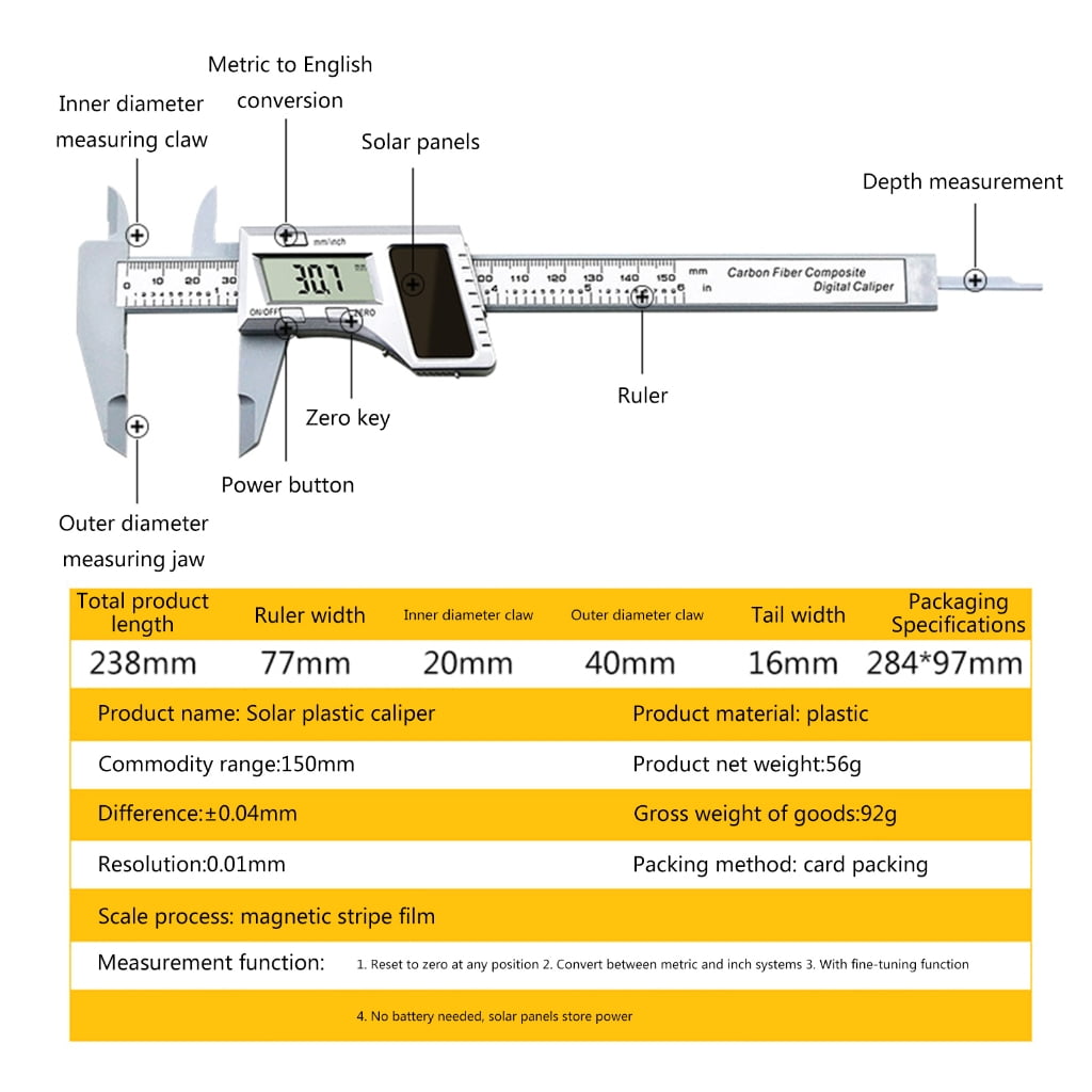Digital Vernier Caliper No Battery Required 6 Inch / 150 mm Digital Caliper for Exterior Interior & Depth Measurement