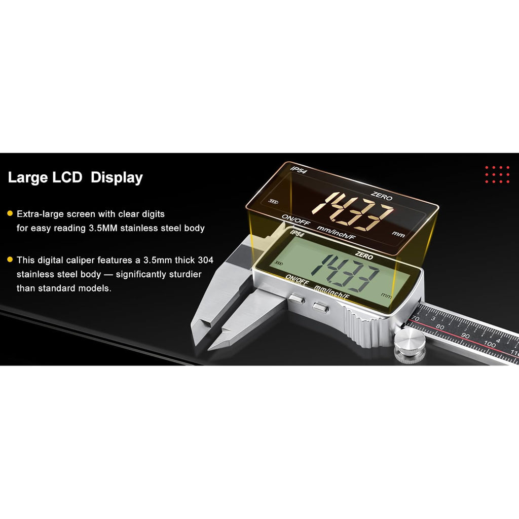 Digital Caliper, Rechargeable Digital Micrometer-IP54 Waterproof, Stainless Steel & Large LCD Screen Caliper Measuring Tool-Inch/Metric/Fraction,6" Calipers-Auto Off for Pros & DIYers