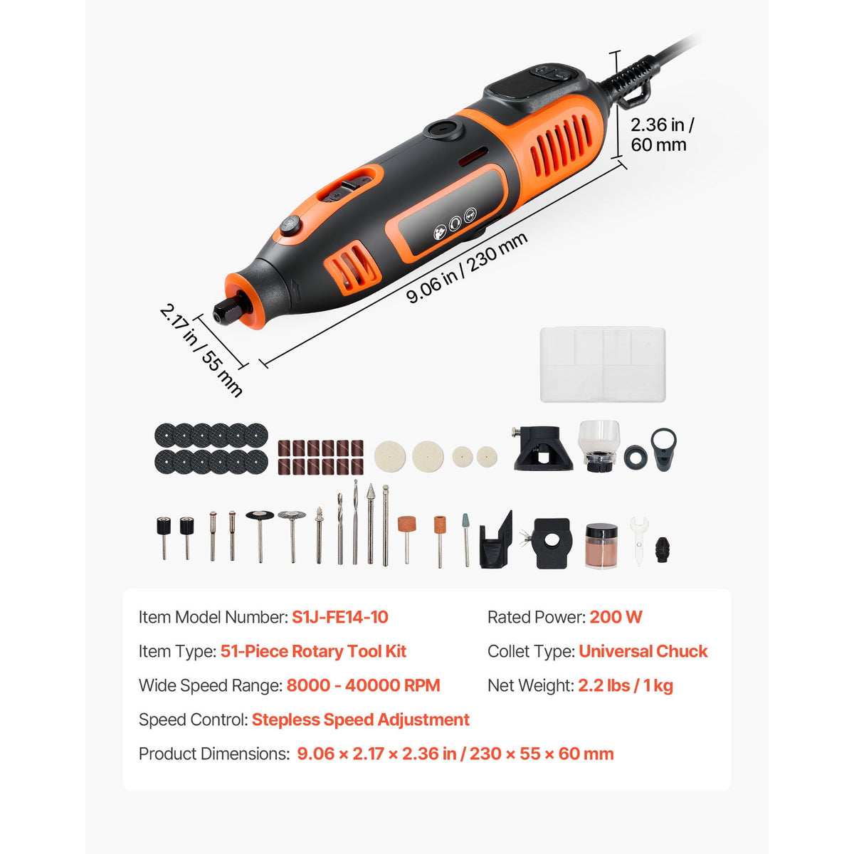 KFFKFF 51-Piece Rotary Tool Kit, 200W Corded Mini Power Tool, 8000-40000RPM Multi-Functional DIY Tool Set with Universal Chuck for Engraving, Sanding, Grinding, Polishing, Cutting, and Craft Projects