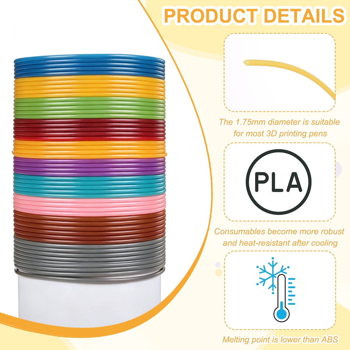 Uxcell 3D Pen Filament 6Pcs 1.75mm Total Length 196.8 Feet Yellow PLA, 3D Pen Filament Refills Low Warping, for Creating Pictures Printed Model Printing Pen