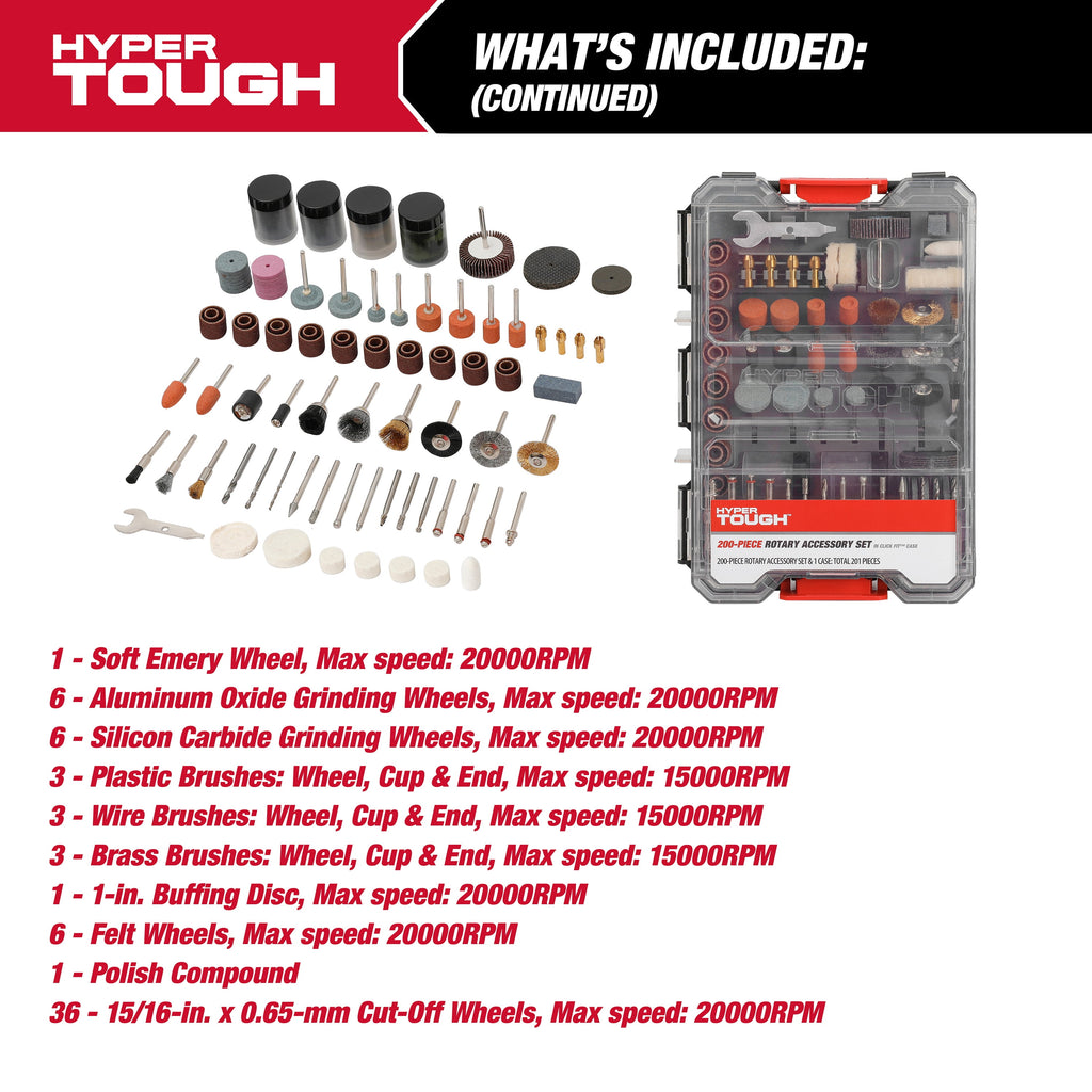 Hyper Tough 200-Piece Universal Rotary Accessory Kit in Click Fit Case