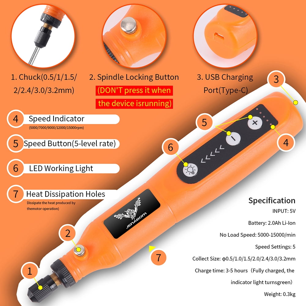 JENABOM 58 in 1 Mini Cordless Rotary Tool, 3.7V Electric Rotating Tool , LED Lights, 5-Speed and USB Charging, Used for Polishing, Carving, and DIY （Orange）