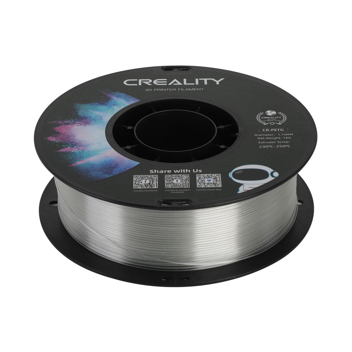 Creality 3D Printer Filament PETG Filament 1.75mm 2.2lbs Odorless Non-Toxic High Precision Strong Toughness Overhang Performance Accuracy +/-0.02mm, Transparent