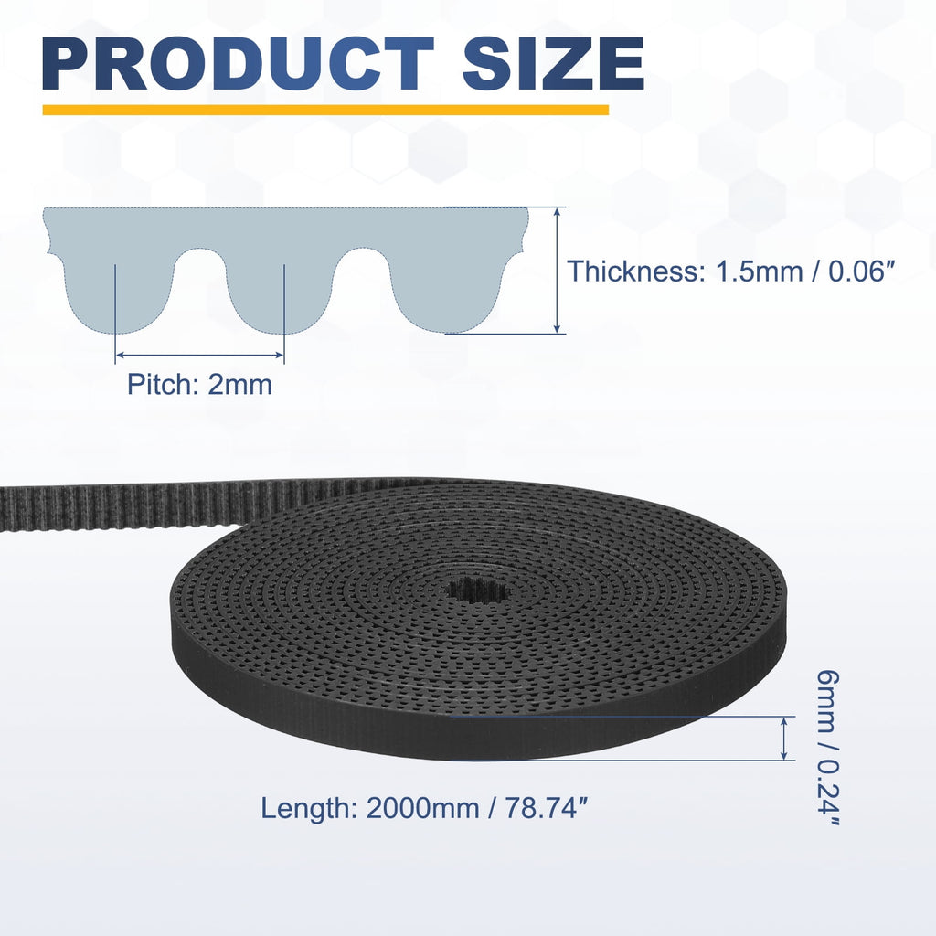 Uxcell Dustproof Rubber 2GT Timing Belt 6x2000mm 2mm Pitch 1.5mm Thick Black Open Loop Pulley Timing Belt for 3D Printer