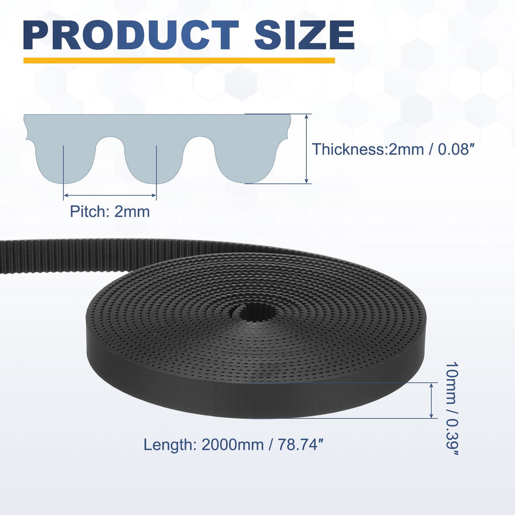 Uxcell Polyurethane PU Fiber Cord 2GT Timing Belt 10x2000mm 2mm Pitch 2mm Thick Black Open Loop Pulley Timing Belt for 3D Printer