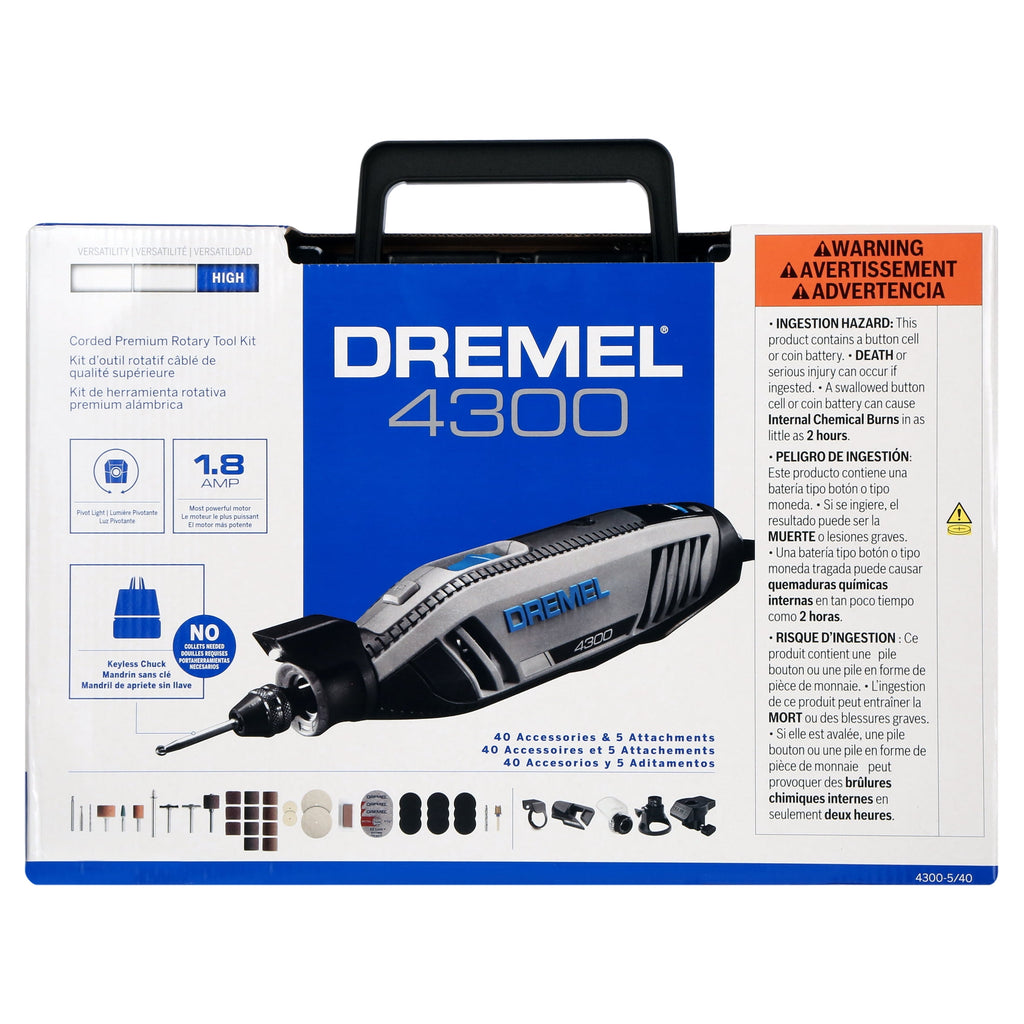 Dremel 4300-5/40 Corded Rotary Tool, Variable Speed with 5 Attachments, 40 Accessories & Dremel Soft Case, 1.8A/120Volts