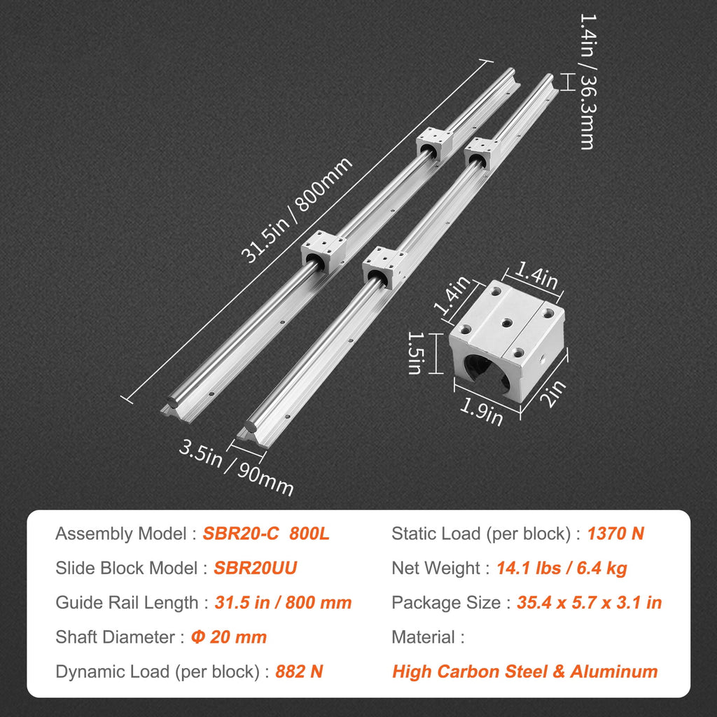 KFFKFF Linear Rail Kit, SBR20 800mm, Includes 2 PCS 31.5 in SBR20 Rails & 4 PCS SBR20UU Blocks, Suitable for CNC Machines, Automation Systems, and DIY Projects
