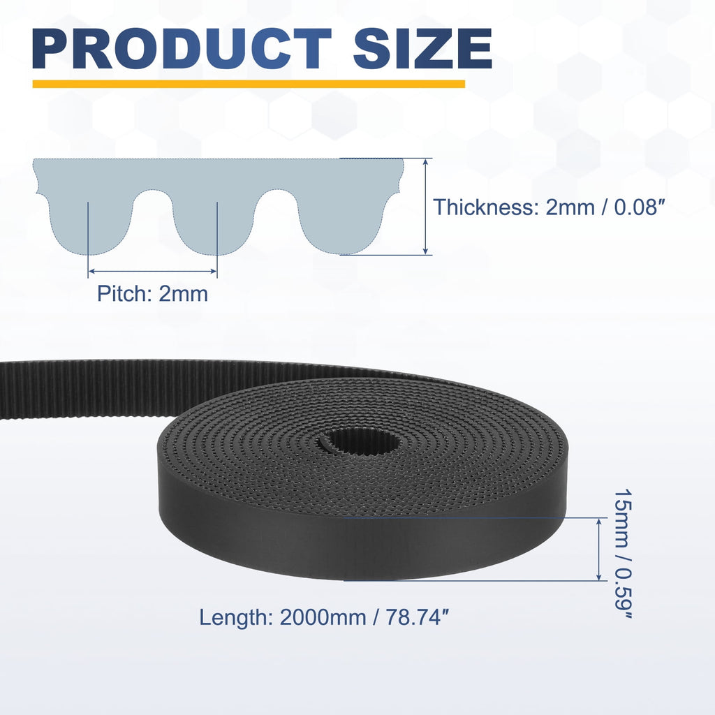 Uxcell PU Steel Cord 2GT Timing Belt Black Cloth Teeth 15x2000mm 2mm Pitch 2mm Thick White Open Loop Pulley Timing Belt for 3D Printer