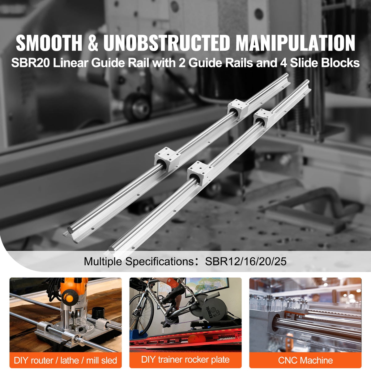KFFKFF Linear Movement Kit, SBR20 2200mm, Includes Dual 86.6-inch SBR20 Guides & Four SBR20UU Bearings, Perfect for Homemade CNC & Automation Tasks