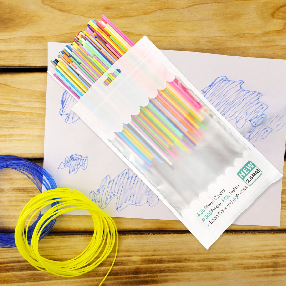 Tmwefusc 300 Pcs 2.5mm 3D Pen PCL Refill Assorted Color Resealable 3D Printer Filament Refill for Kid