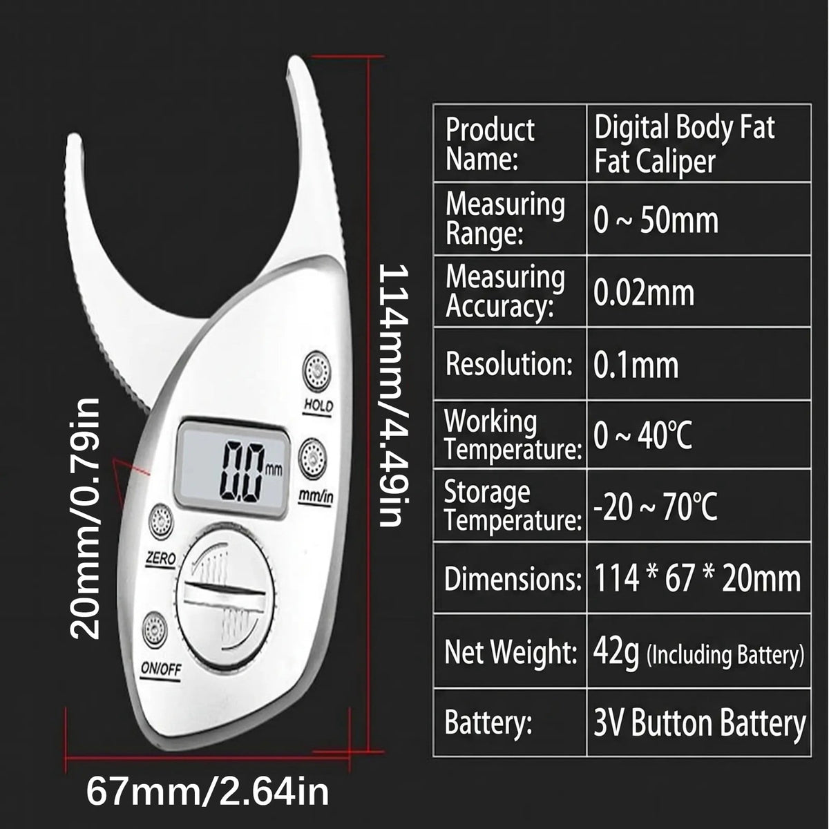 Lightweight Digital Skinfold Caliper with Single Button Operations 42G Portable Fat Measurement Device For Fitness Trainers