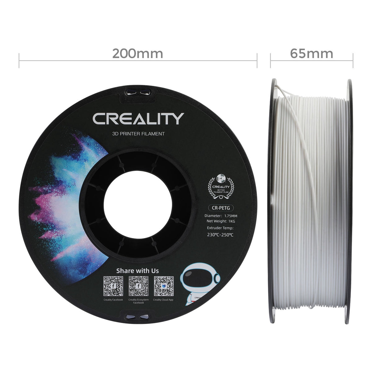 Creality 3D Printer Filament PETG Filament 1.75mm 2.2lbs Odorless Non-Toxic High Precision Strong Toughness Overhang Performance Accuracy +/-0.02mm, Transparent