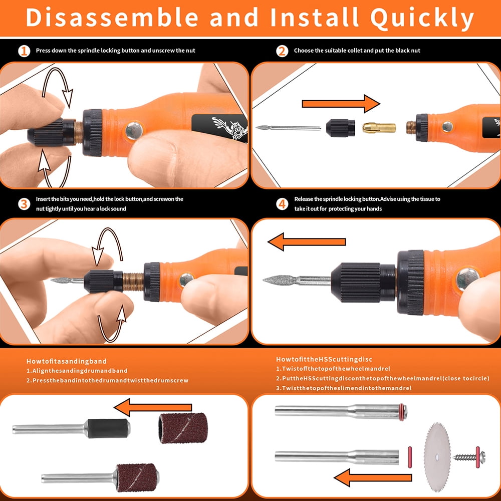 JENABOM 58 in 1 Mini Cordless Rotary Tool, 3.7V Electric Rotating Tool , LED Lights, 5-Speed and USB Charging, Used for Polishing, Carving, and DIY （Orange）