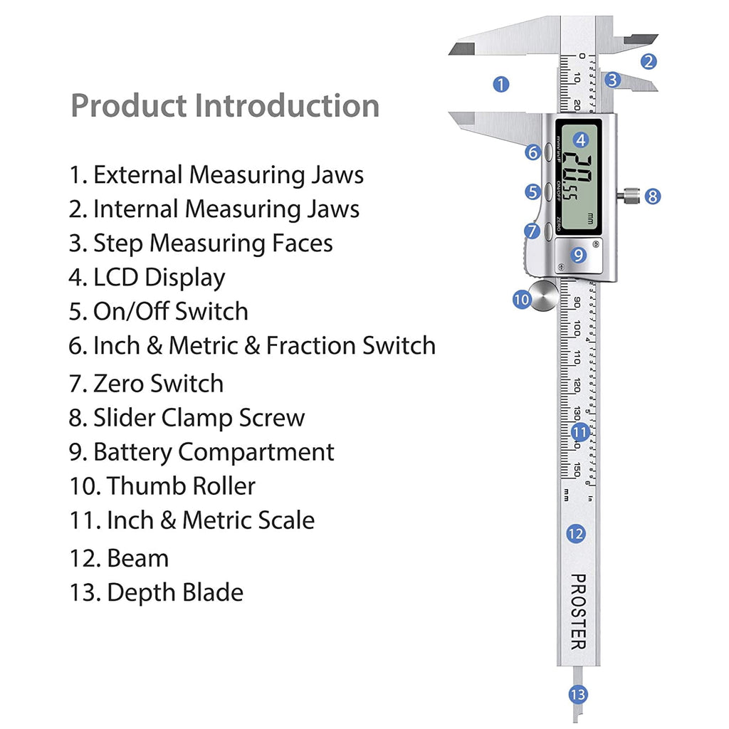 Proster 6" Digital Vernier Caliper with 32 Feeler Gauges- Inch/Metric/Fraction Conversion, Stainless Steel, LCD Screen - for Inner/Outer Diameter, Depth, Width Measurement (150mm)