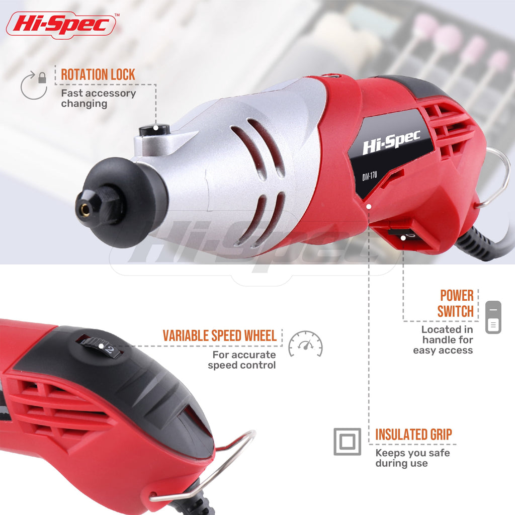 Hi-Spec DT30305 160W Corded Electric Rotary Tool Kit, Drill, 35000 RPM, 2 Speeds, 121 Pieces, 110V