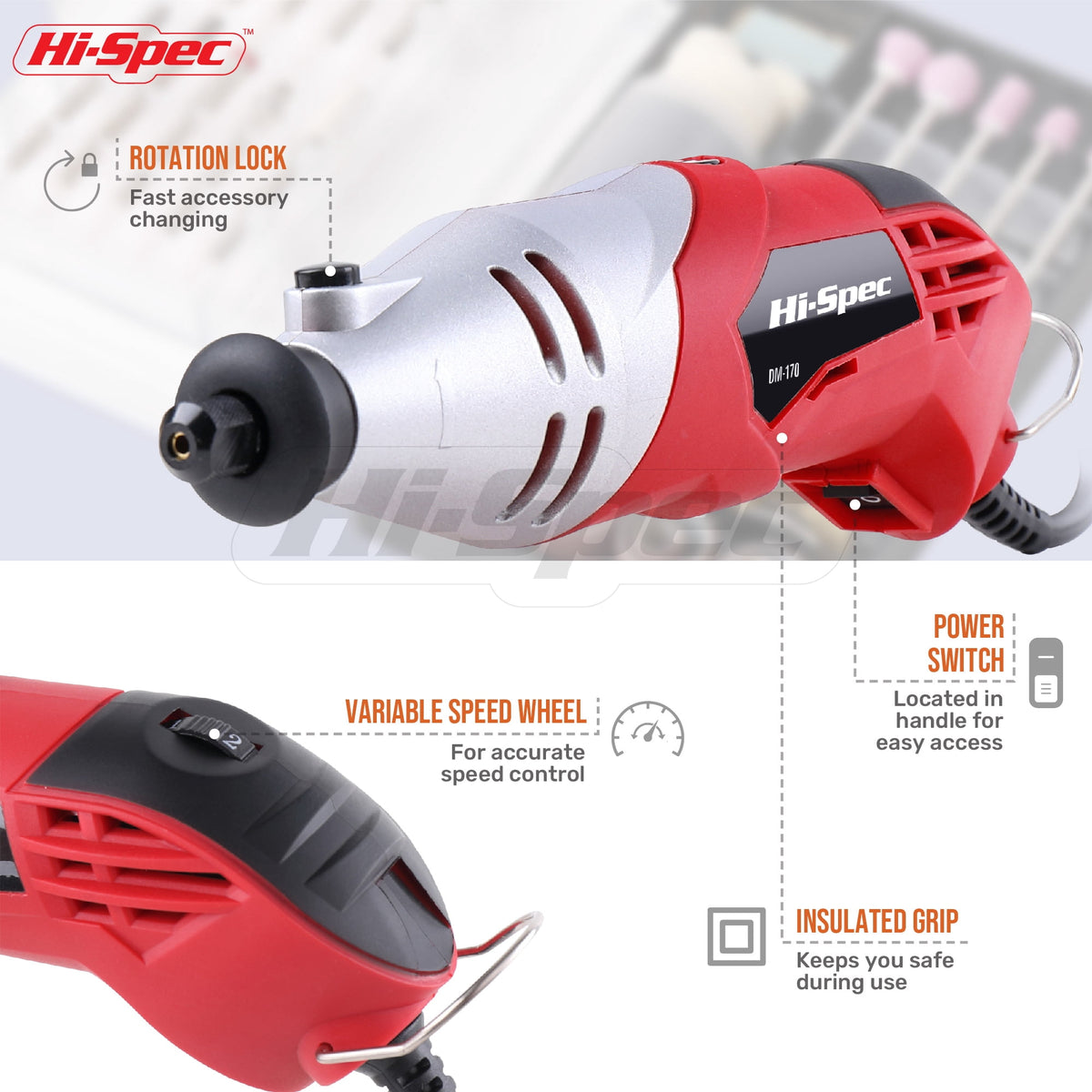 Hi-Spec DT30305 160W Corded Electric Rotary Tool Kit, Drill, 35000 RPM, 2 Speeds, 121 Pieces, 110V